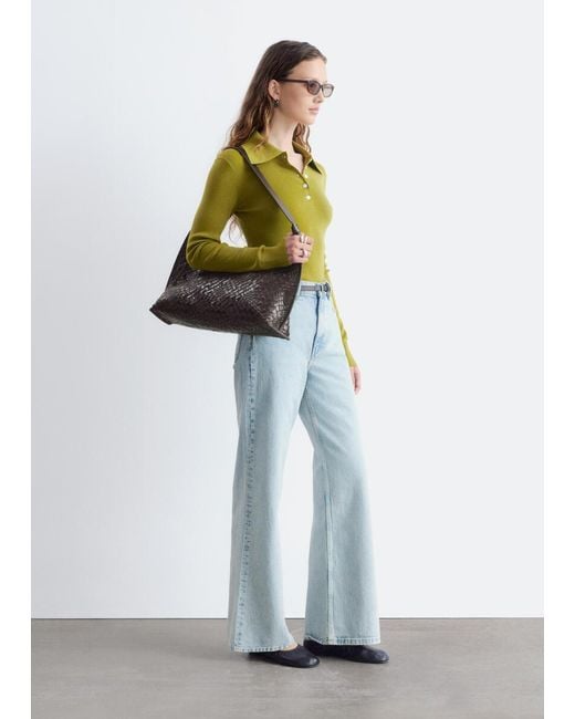 & Other Stories Green Rib-Knit Merino Wool Polo Top