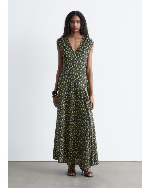 & Other Stories Green V-Neck Silk Maxi Dress