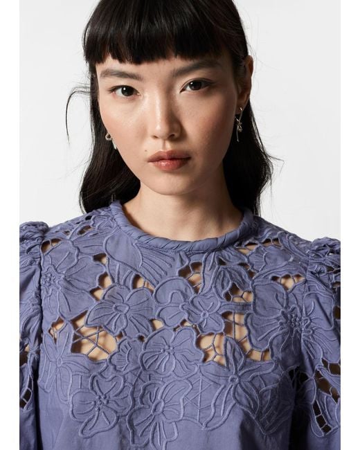 & Other Stories Blue Embroidered Puff-Sleeve Blouse