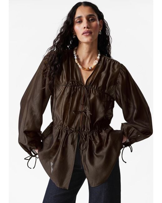 & Other Stories Brown Ruched Drawstring Blouse
