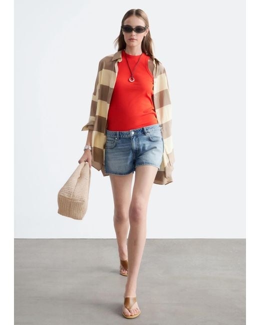 & Other Stories Red Low-Waist Denim Mini Shorts
