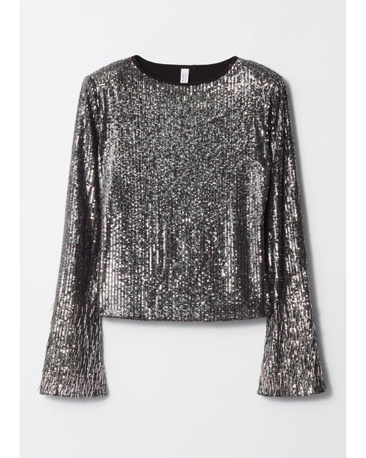 & Other Stories Gray Flared-Sleeve Sequin Top