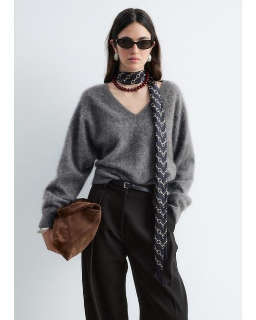 & Other Stories Gray Brushed Cashmere V-Neck Jumper