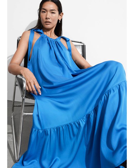 & Other Stories Blue Gathered Sleeveless Midi Dress