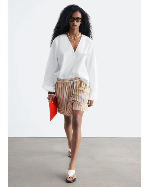 & Other Stories White Sculptural Cotton V-Neck Blouse