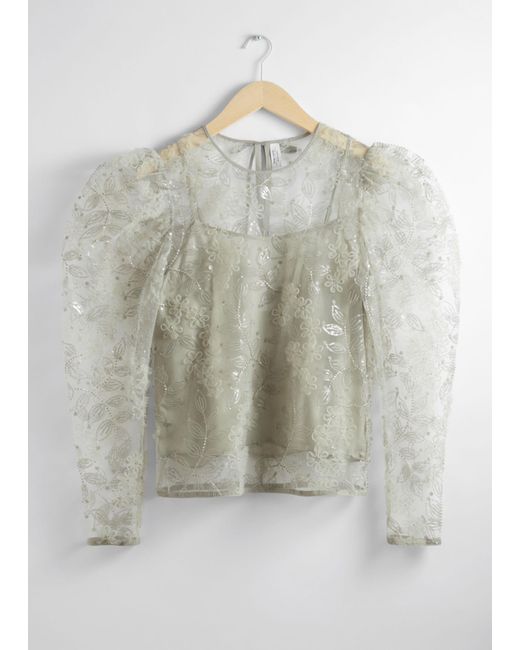 & Other Stories Gray Sheer Embroidered Organza Blouse