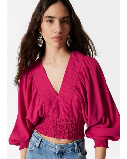 & Other Stories Pink Smocked Puff-Sleeve Blouse