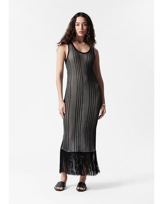 & Other Stories Black Knitted Fringe Midi Dress