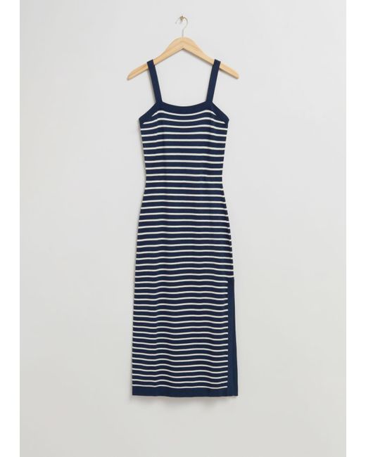 & Other Stories Blue Fitted Striped Midi Dress