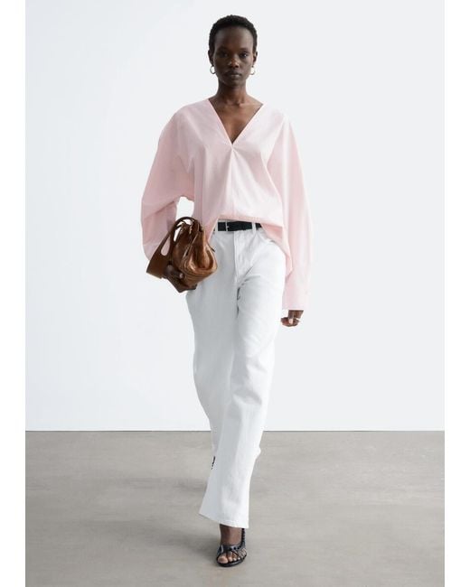 & Other Stories Pink Sculptural Cotton V-Neck Blouse