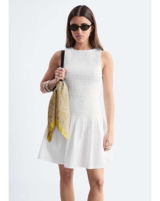 & Other Stories White Smocked Cotton Poplin Mini Dress