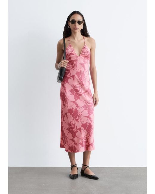 & Other Stories Pink Satin Slip Midi Dress
