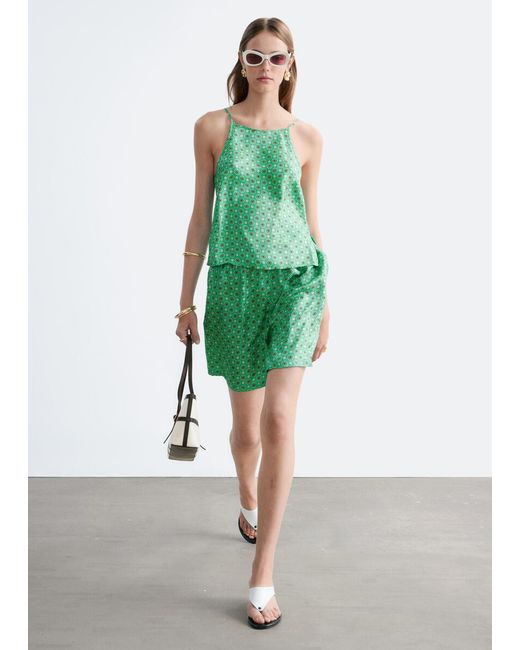 & Other Stories Green Silk Drawstring Shorts