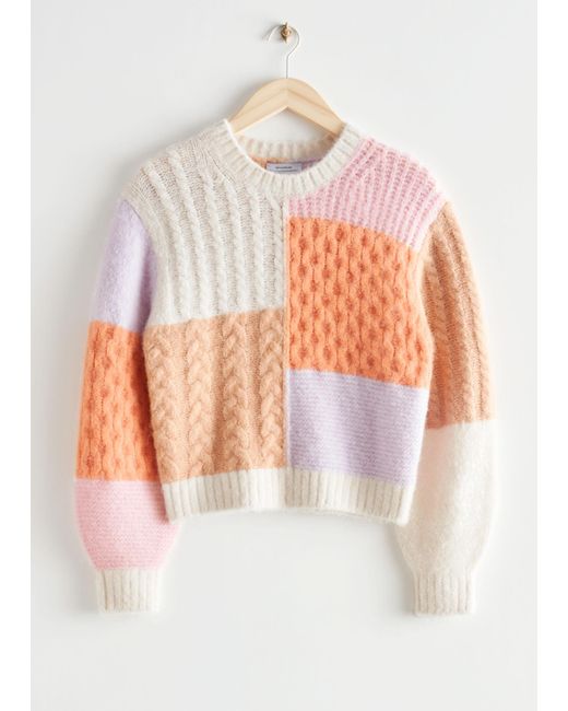 & Other Stories Orange Cable Knit Colour Block Sweater