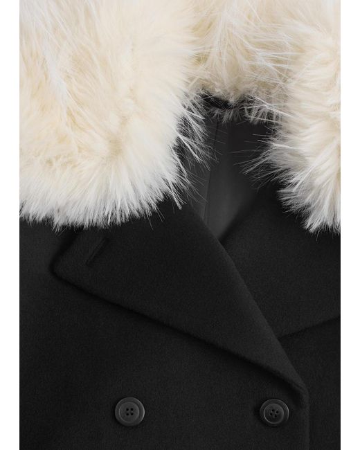 & Other Stories Blue Short Fur-Collar Wool Coat