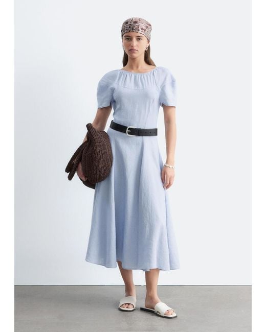 & Other Stories Blue Flared Linen Midi Dress