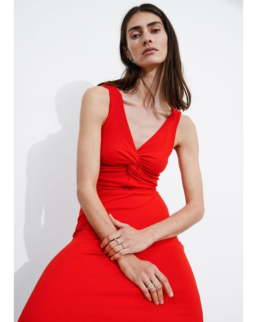 & Other Stories Red Ribbed Twist-front Midi Dress