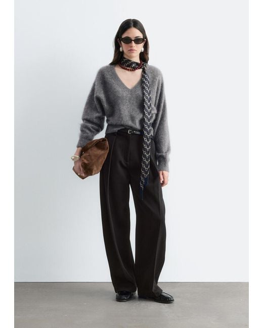 & Other Stories Gray Brushed Cashmere V-Neck Jumper