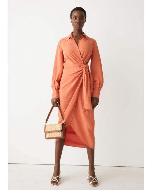Collared Wrap Midi Dress in Orange | Lyst