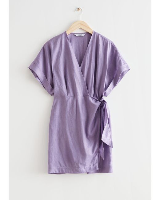& Other Stories Purple Linen Wrap Mini Dress