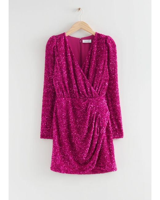 & Other Stories Pink Sequin Wrap Mini Dress