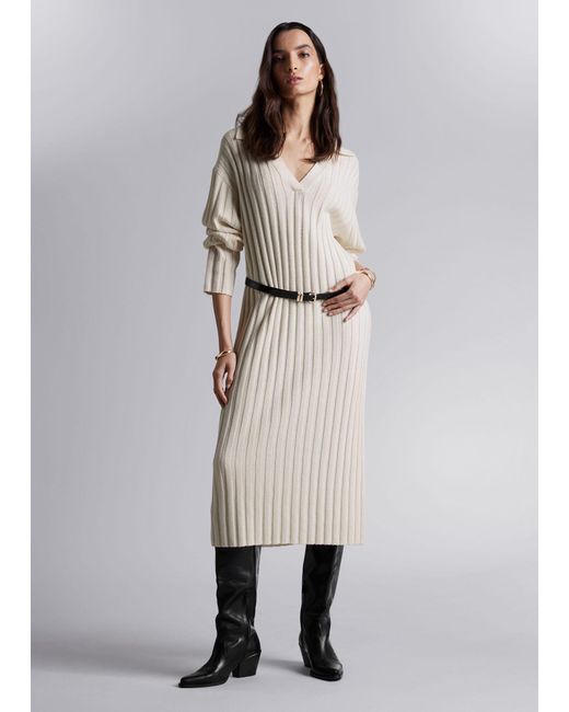 & Other Stories Natural Collared Rib-knit Midi Dress