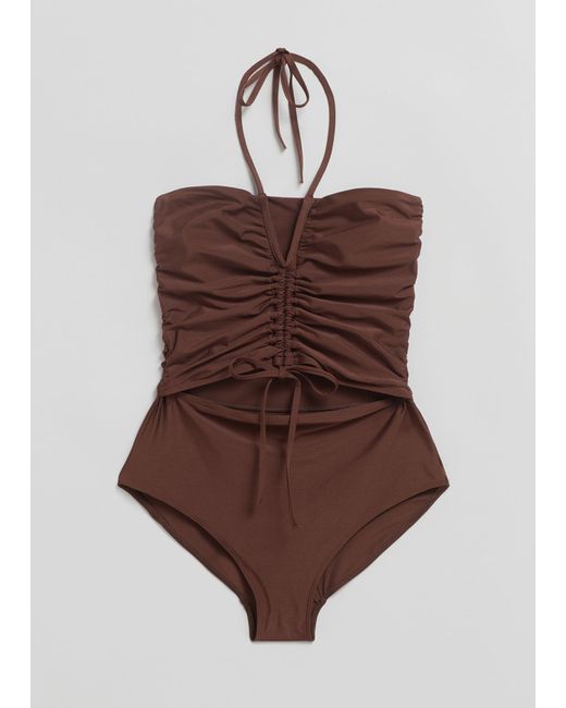 & Other Stories Brown Ruched Bandeau Swimsuit