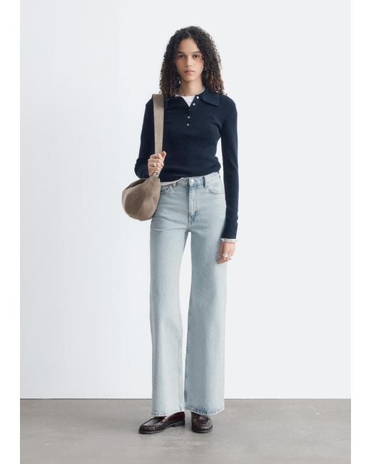 & Other Stories Blue Rib-Knit Merino Wool Polo Top
