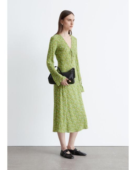 & Other Stories Green Floral V-Neck Midi Dress