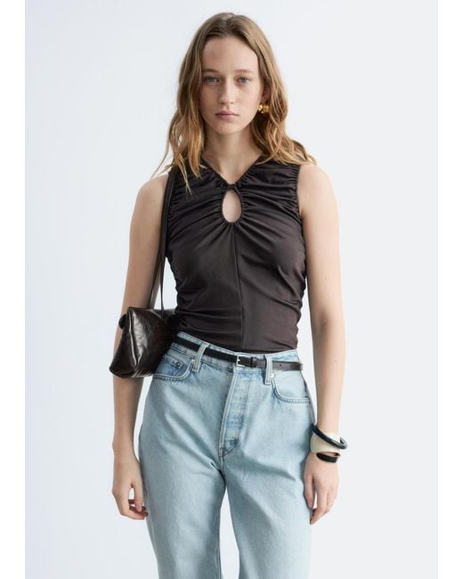 & Other Stories Black Ruched Keyhole-Neck Top