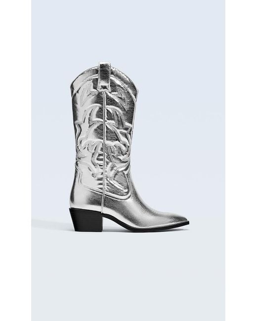 Stradivarius Metallic Cowboy Boots in White Lyst UK