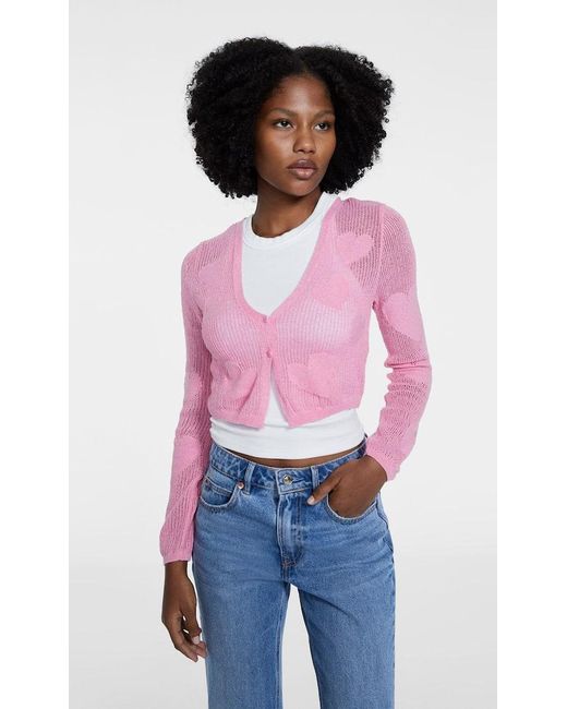 Stradivarius Tradivariu Heart Cardigan Bubblegu Pink in White | Lyst UK
