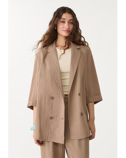 Giacca Kimono A Righe Con Lino di Stradivarius in Natural