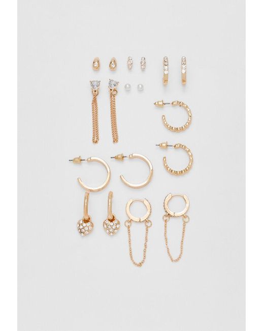 Set 9 Orecchini Con Cerchi E Strass di Stradivarius in White