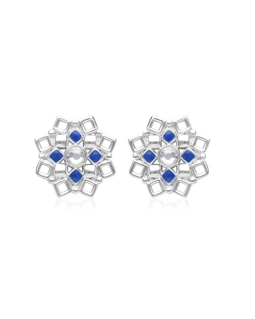 Orecchini a lobo in ottone rodiato forma fiore con cristalli e smalto blu di Stroili in Blue