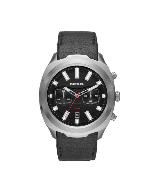 Orologio cronografo in acciaio silver e cinturino in pelle nero con quadrante nero di DIESEL in Metallic da Uomo
