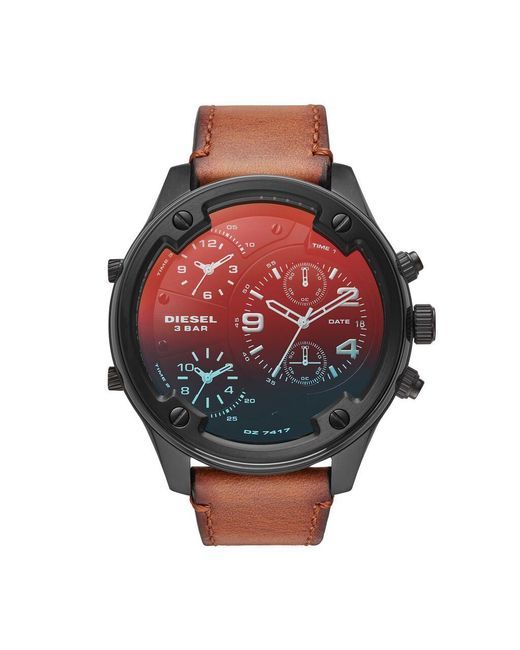 Orologio in acciaio nero e cinturino in pelle marrone con quadrante multicolor di DIESEL in Red da Uomo
