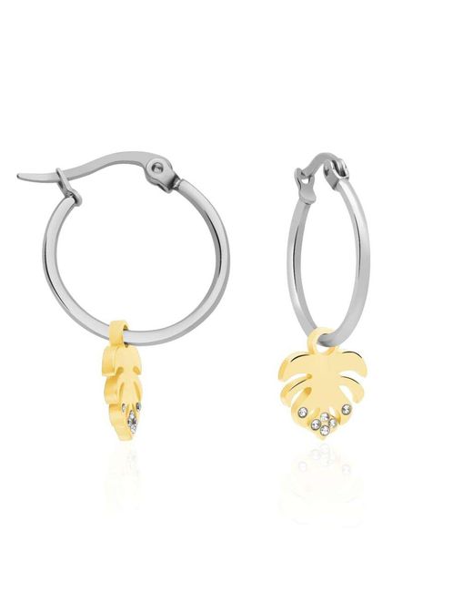 Orecchini a cerchio con charm foglia in acciaio bicolore e strass di Stroili in Metallic