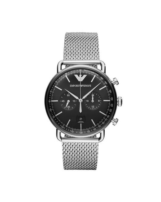 Orologio cronografo in acciaio silver con bracciale in mesh e quadrante nero di Emporio Armani in Metallic da Uomo