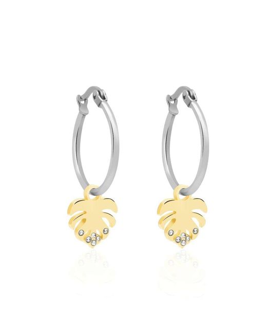 Orecchini a cerchio con charm foglia in acciaio bicolore e strass di Stroili in Metallic