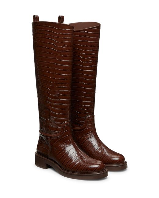 Stuart Weitzman Brown Knee-High Croc-Embossed Riding Boots