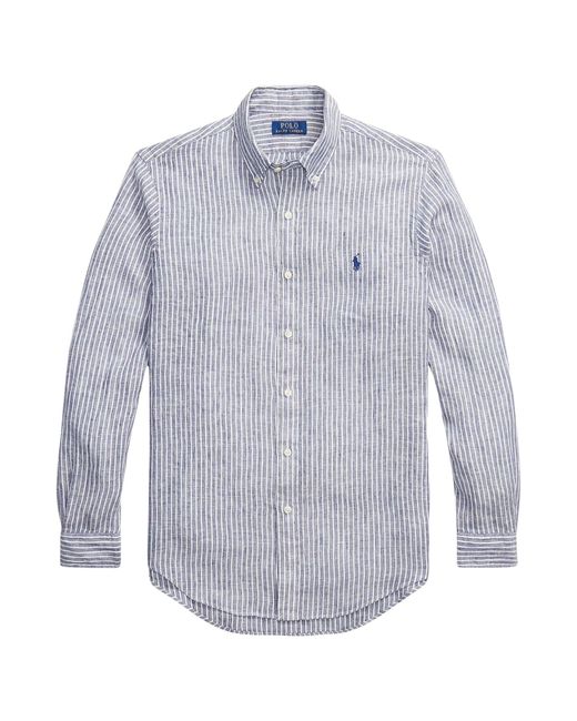Polo Ralph Lauren Blue Custom Fit Striped Linen Shirt for men