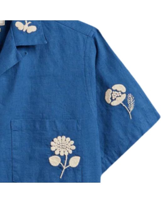 Portuguese Flannel Blue Embroidery Nature Ramie Shirt for men