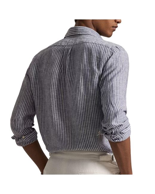 Polo Ralph Lauren Blue Custom Fit Striped Linen Shirt for men