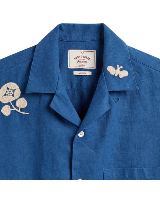 Portuguese Flannel Blue Embroidery Nature Ramie Shirt for men