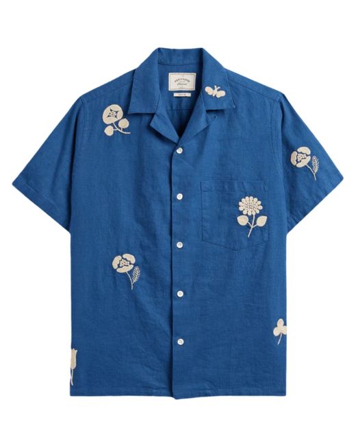 Portuguese Flannel Blue Embroidery Nature Ramie Shirt for men