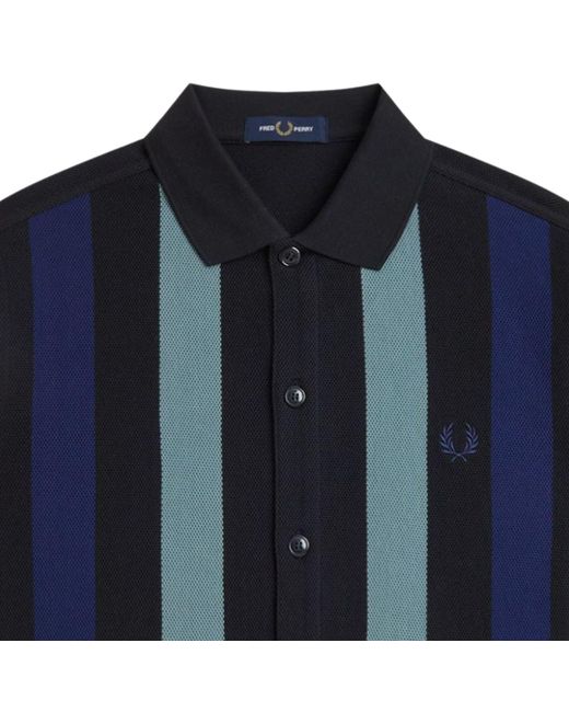 Fred Perry Blue Panelled Button Through Polo Shirt for men