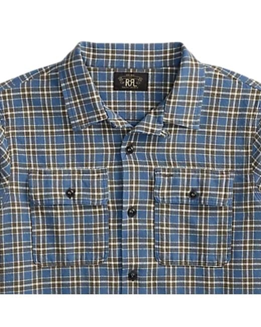 RRL Blue Plaid Twill Camp Shirt for men