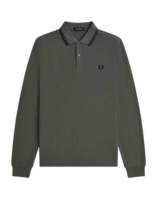 Fred Perry Green M3636 Long Sleeve Twin Tipped Polo Shirt for men