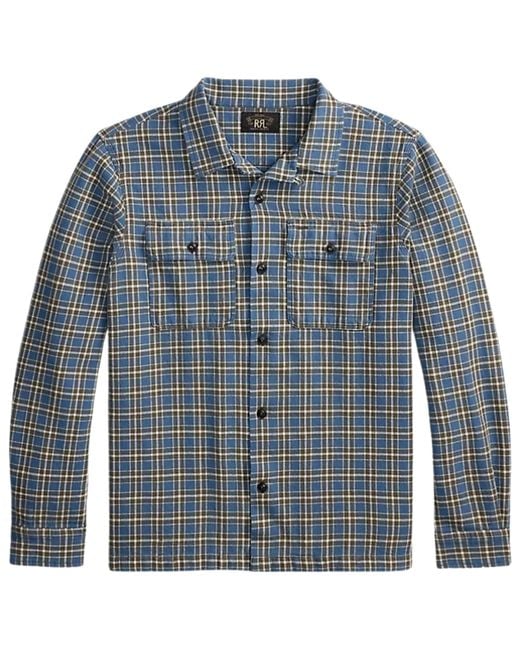 RRL Blue Plaid Twill Camp Shirt for men